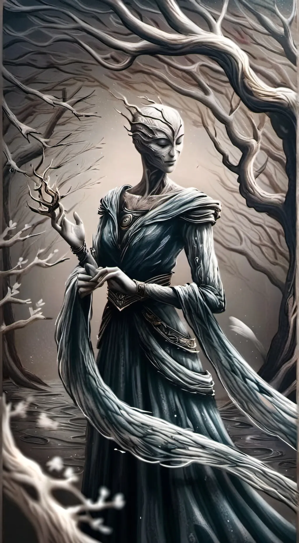 ai character:  dama del árbol  background