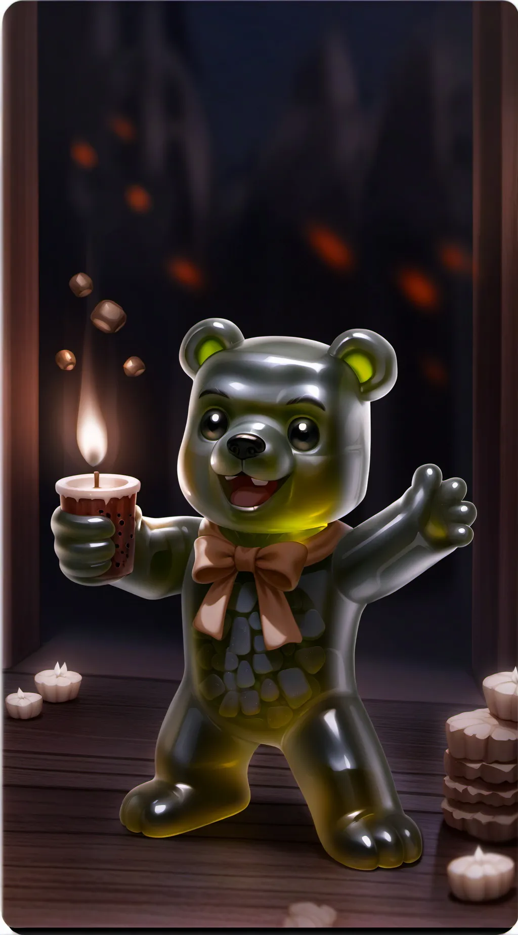 ai character: fire gummy bear background