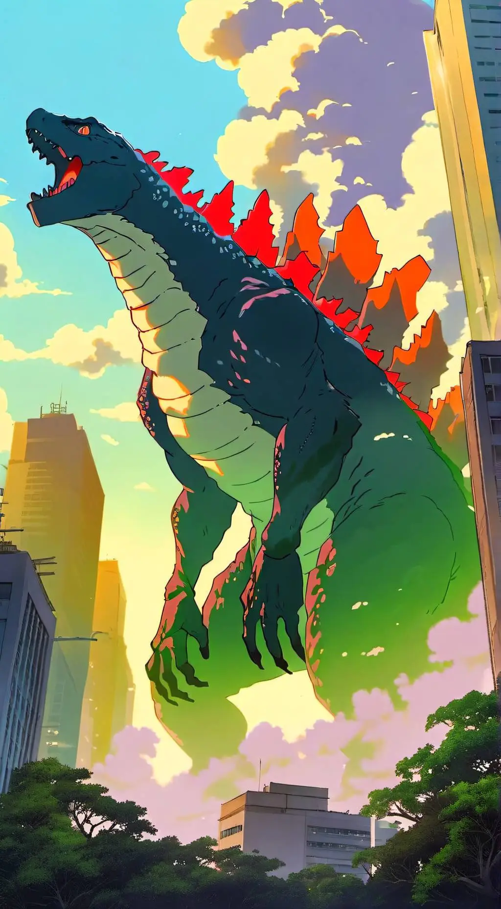 ai character: Godzilla rages background