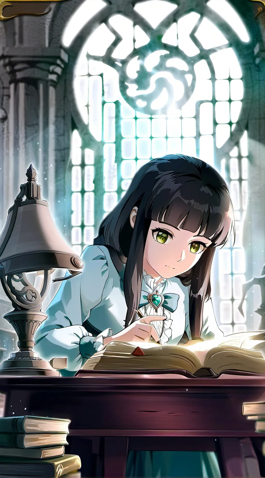 ai character: Library SchoolGirl background