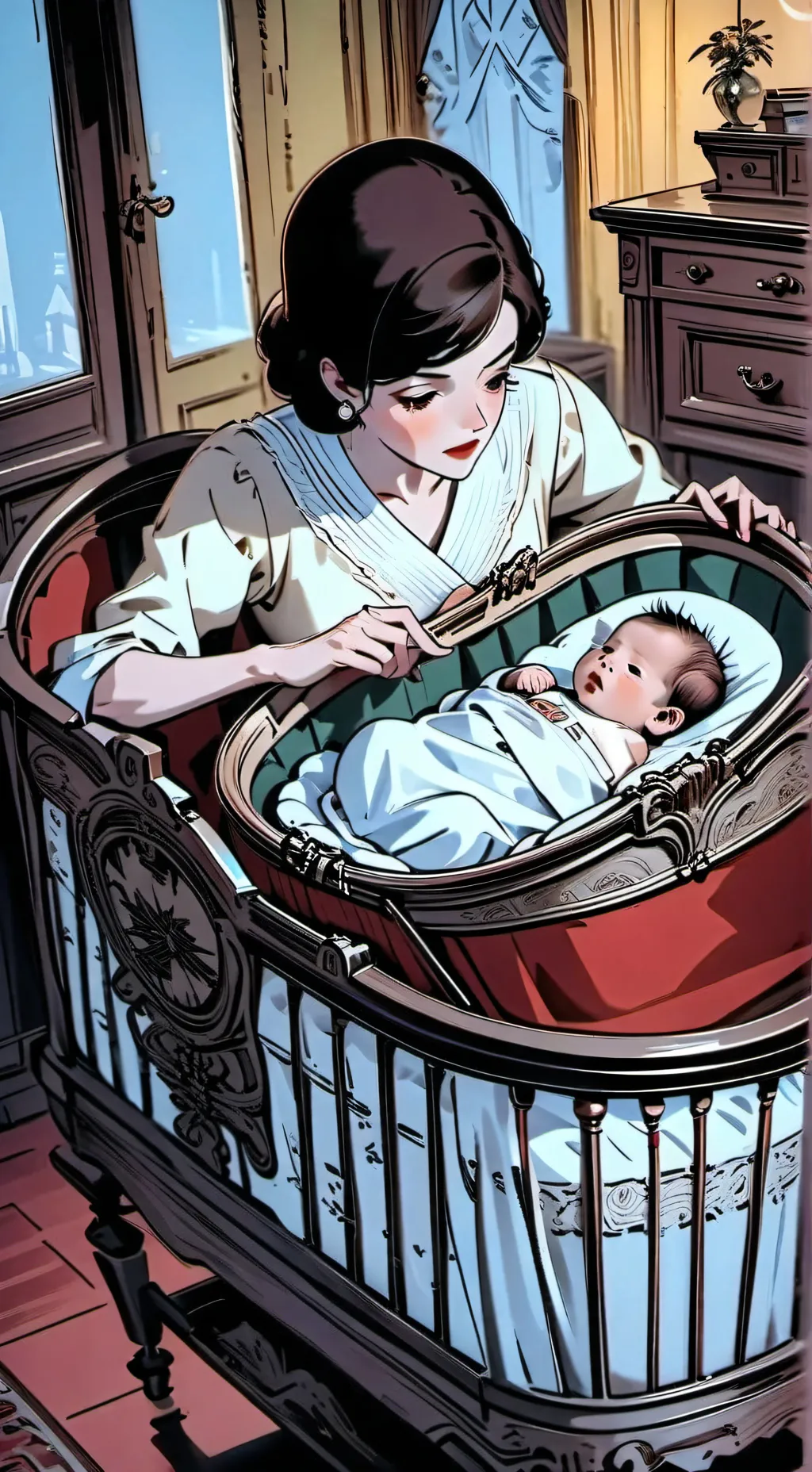 ai character: mom and baby boy background