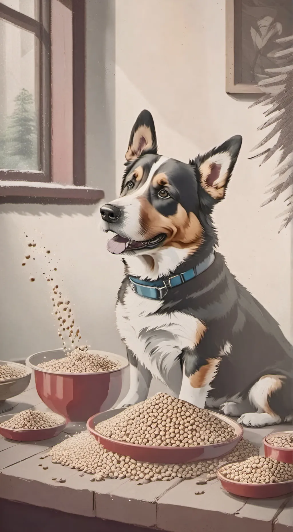 ai character: perro con cereal background