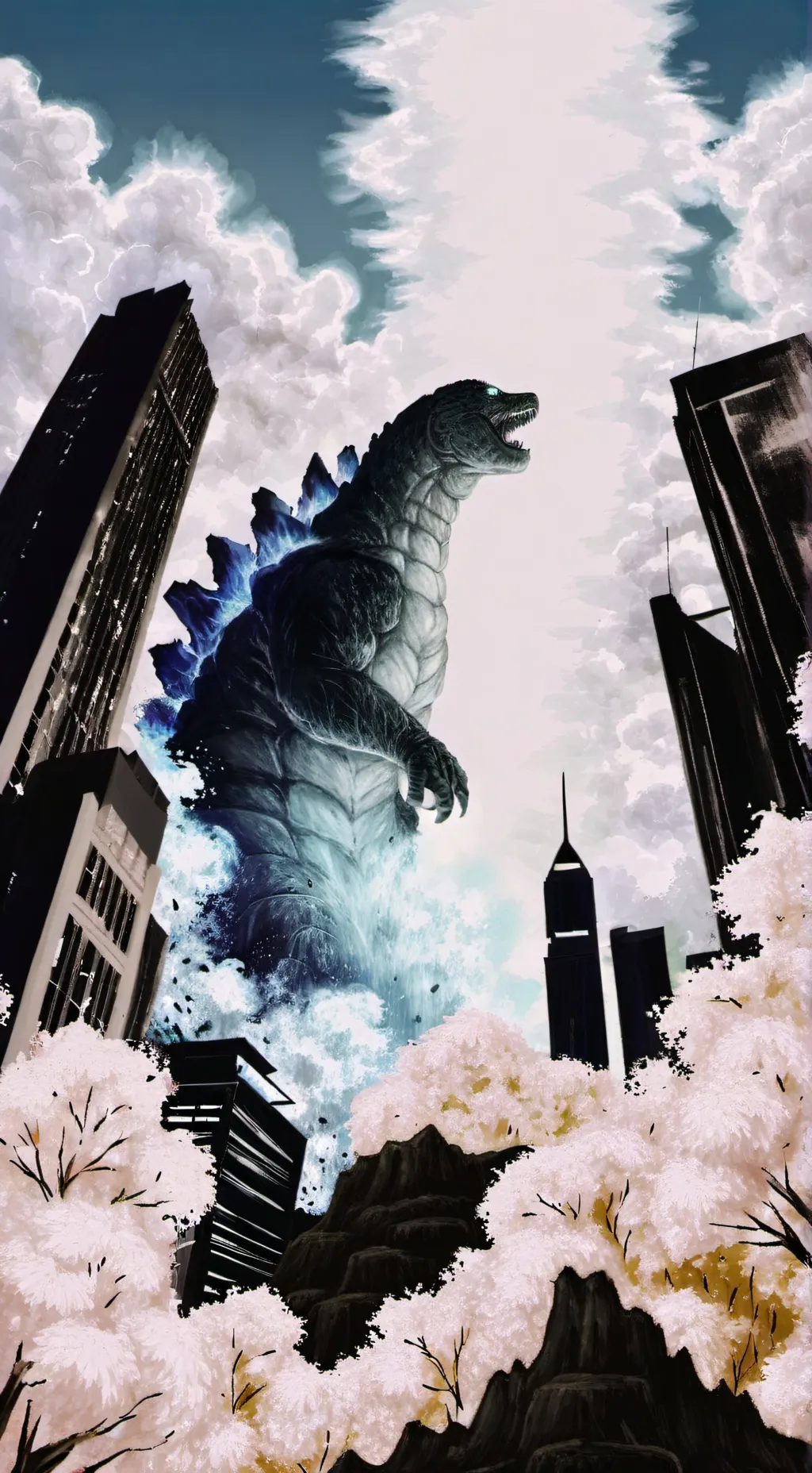 ai character: Godzilla rages aga background