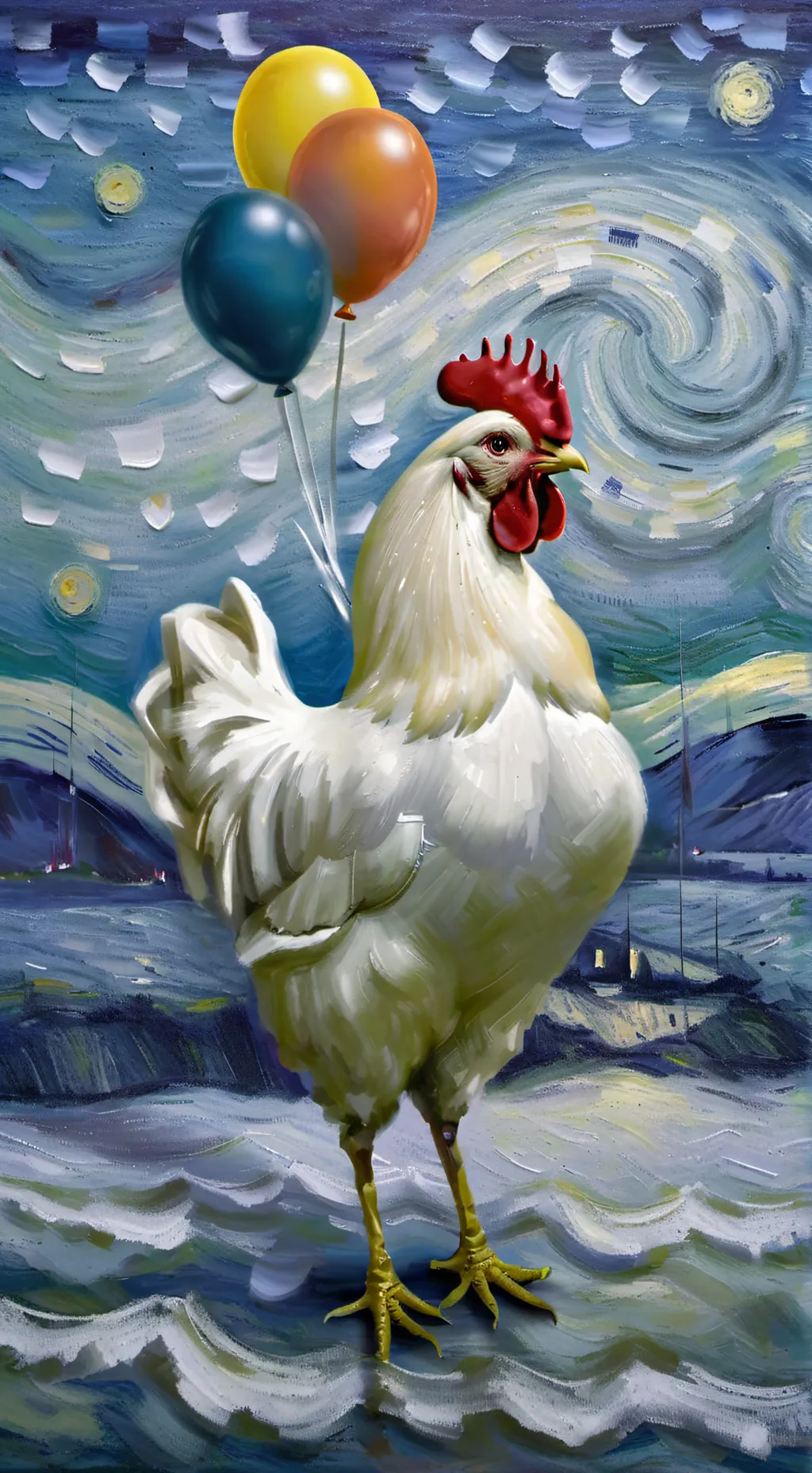 ai character: Chicken with a bal background
