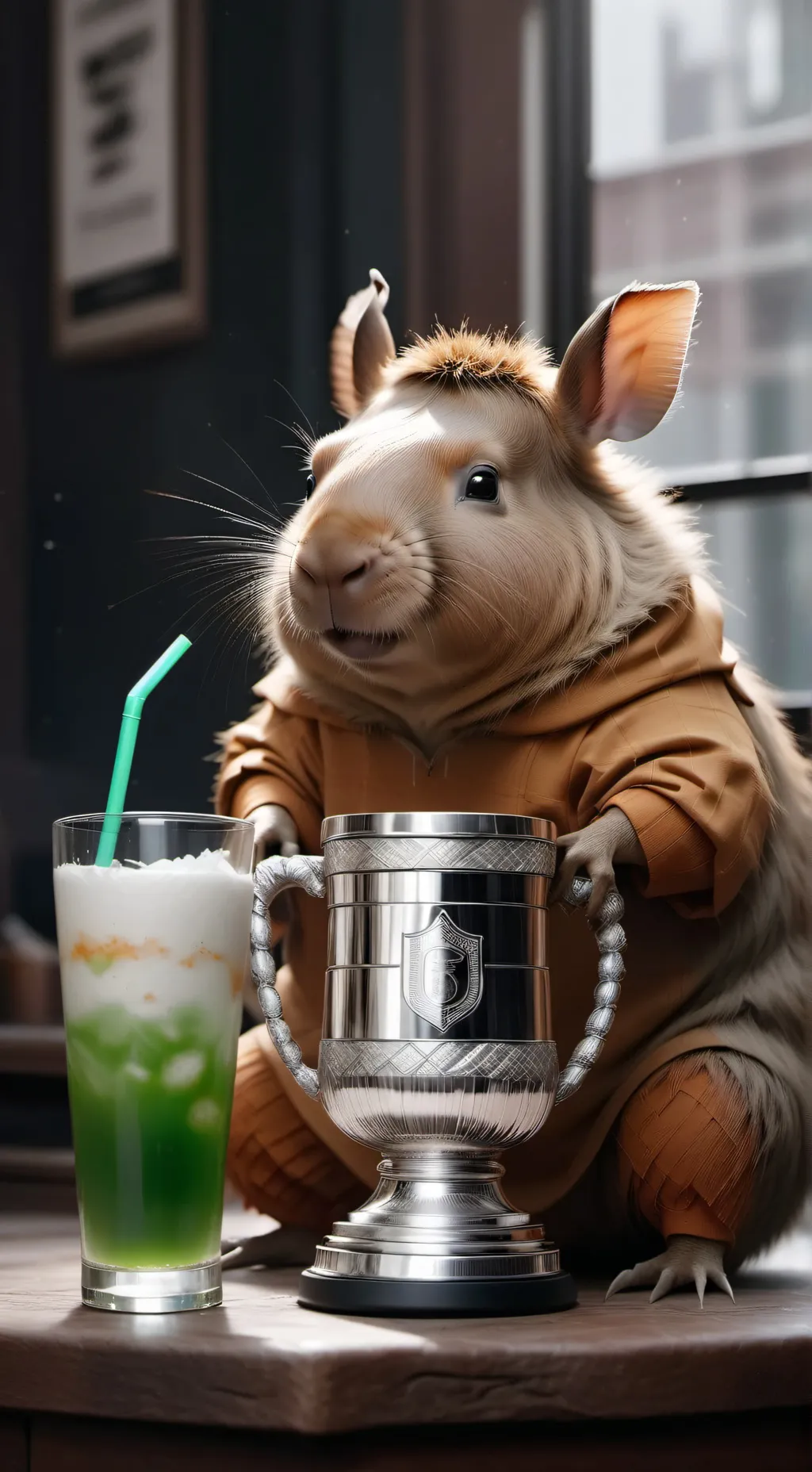 ai character: capybara drinking  background