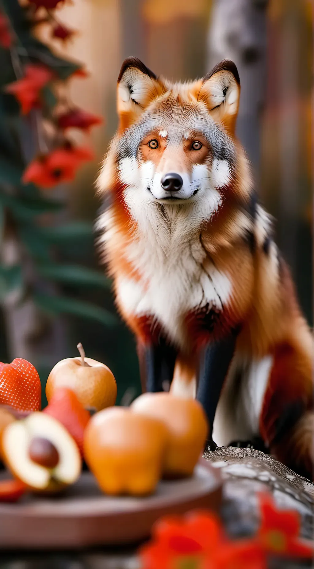 ai character: harmony 🐺🍄🍓🐾🥠🦝😊🥟🦊🌺 background