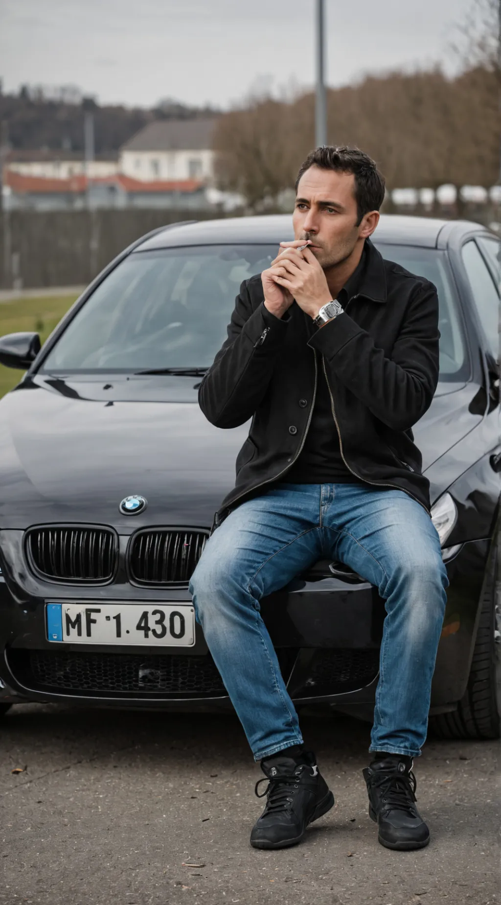 ai character: smoking at bmw 🚬🥃🖤 background
