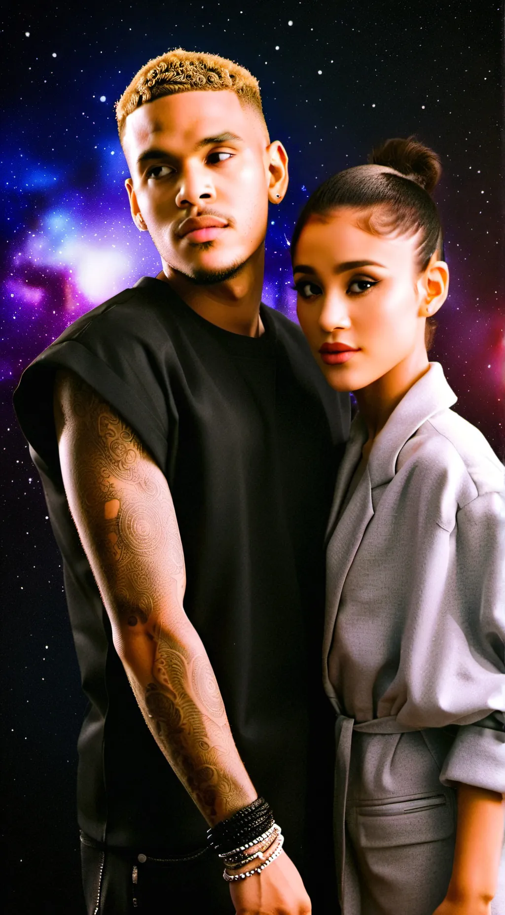 ai character: Chris and Ariana  background