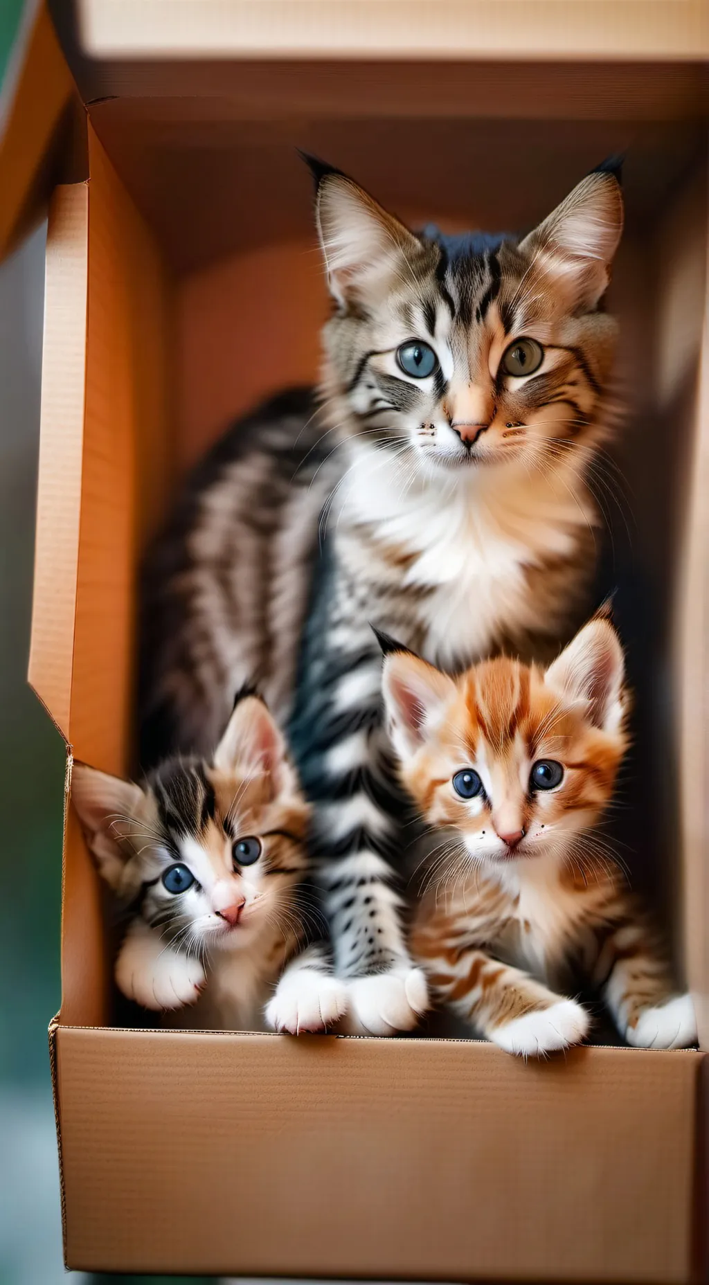 ai character: 3 kittens and mama background