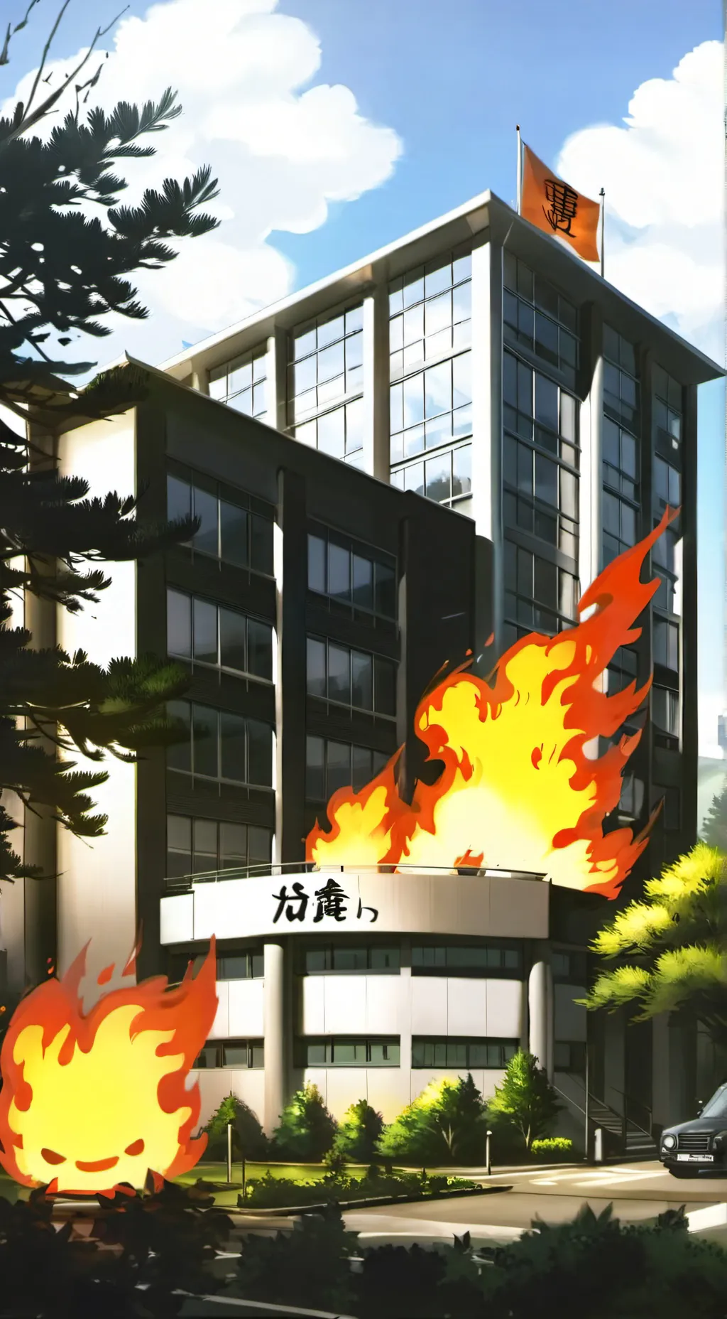 ai character: UA burnt down  background