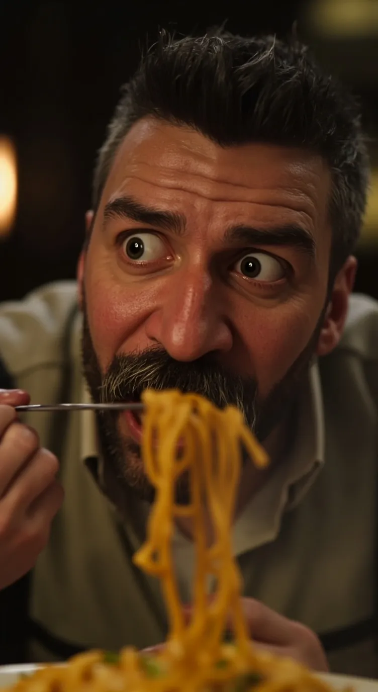 ai character: man eating spaghet background