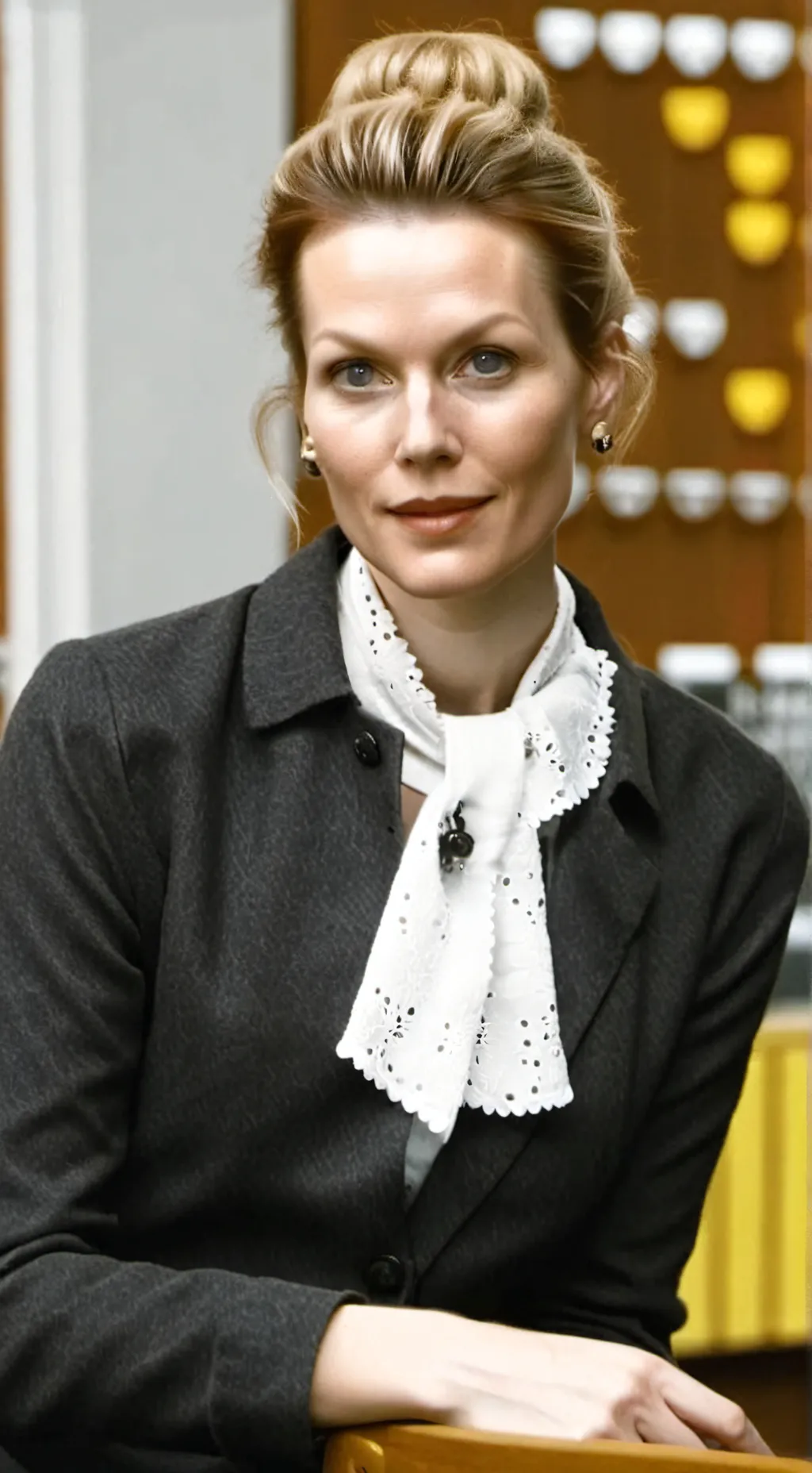 ai character: Mette Frederiksen  background