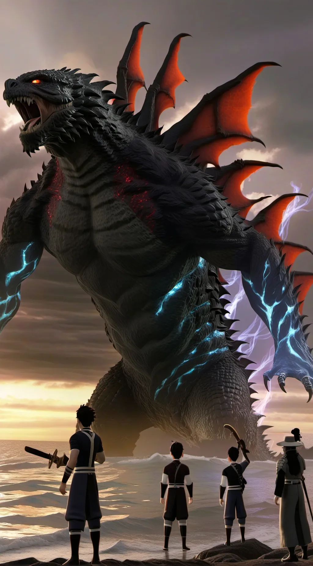 ai character: Godzilla  background