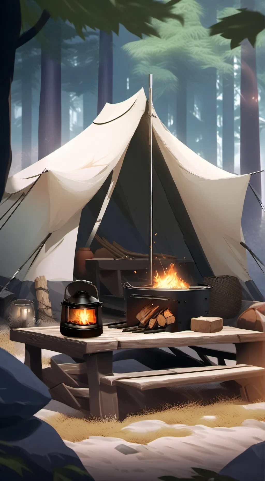 ai character: a campfire background