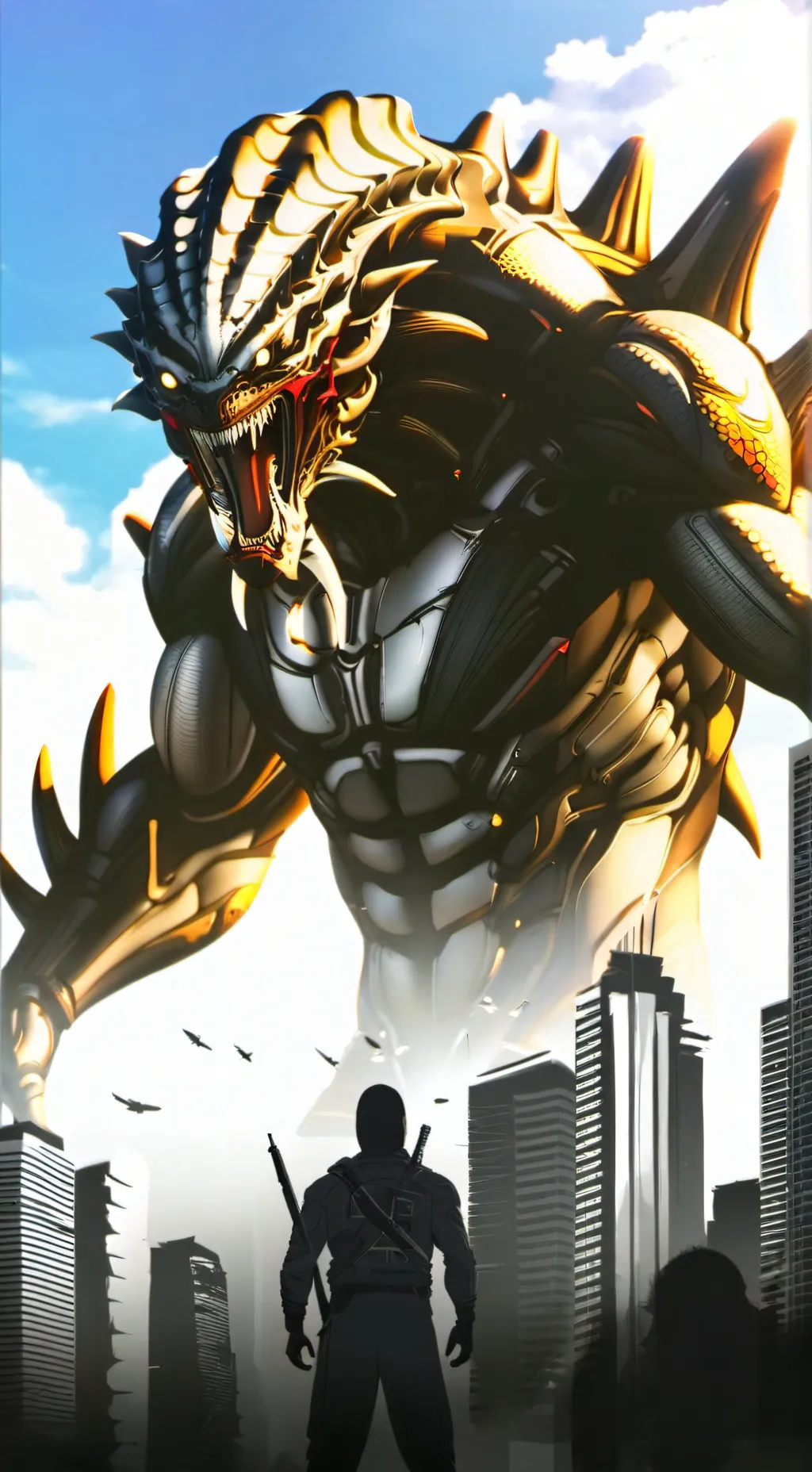 ai character:  xenomorphGodzilla background