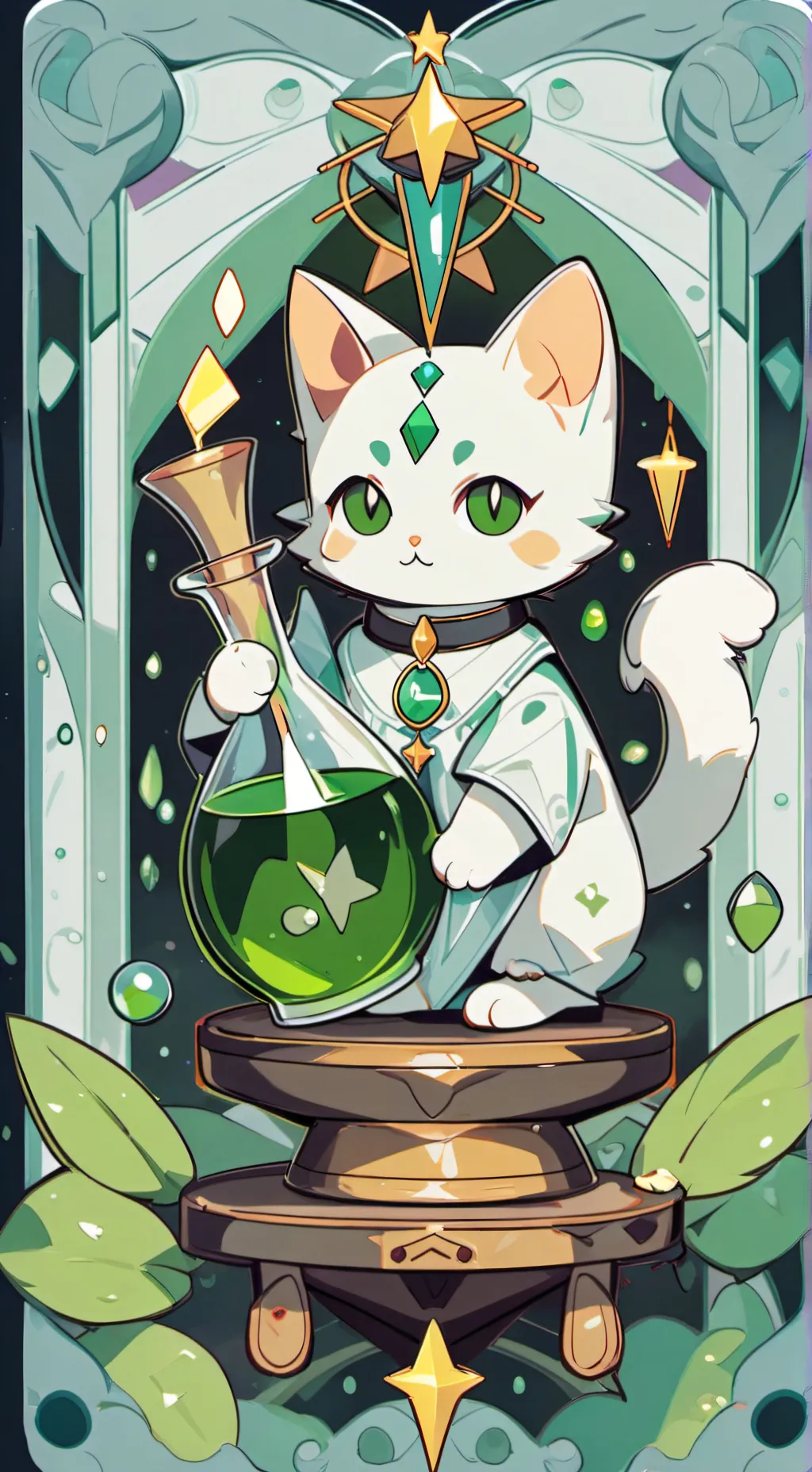 ai character: kitty with potion background