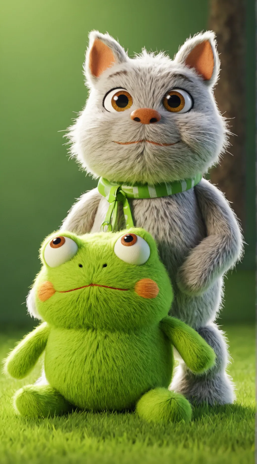 ai character: Cat plush and frog background