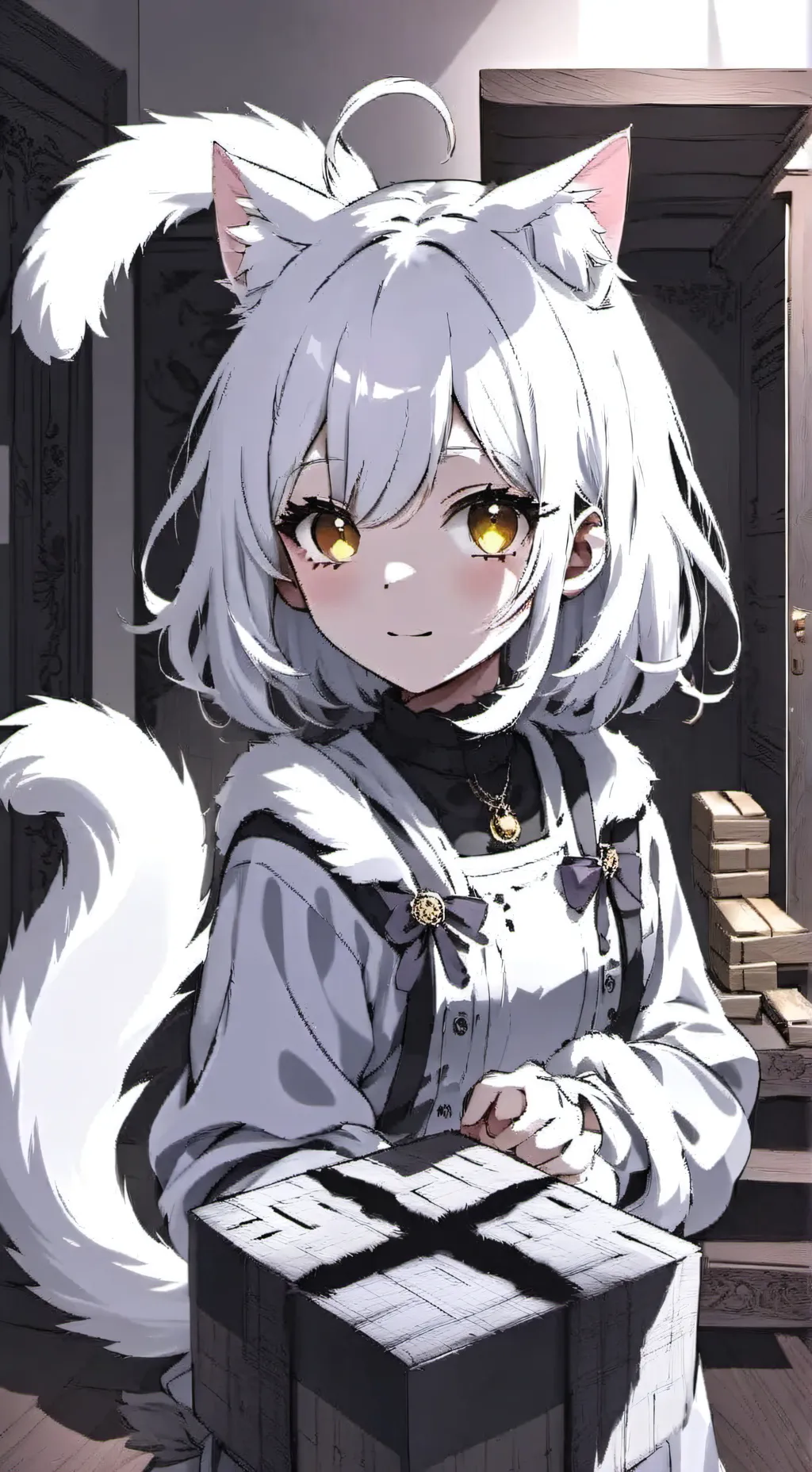 ai character: Whiskers in the Box background