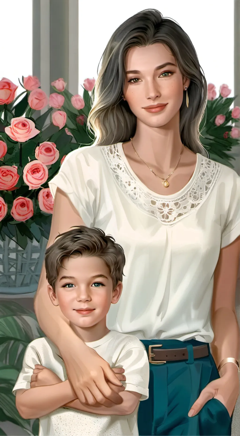 ai character: Mom and son  background