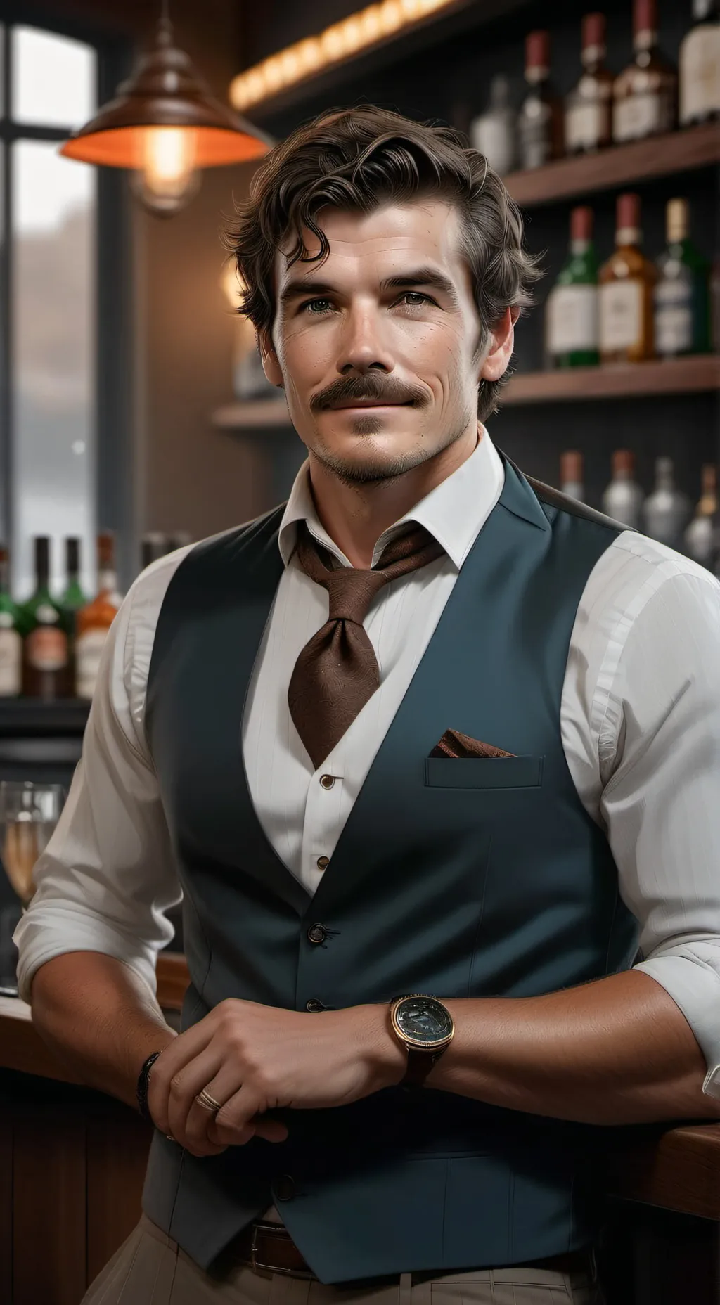 ai character: Golden bartender  background