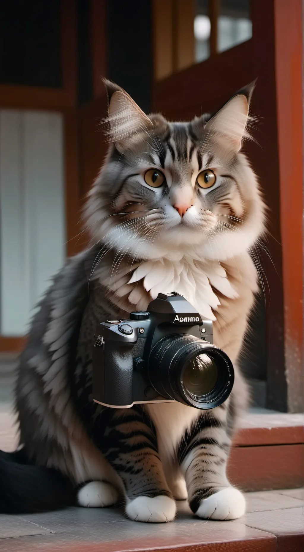 ai character: gatito con camara background