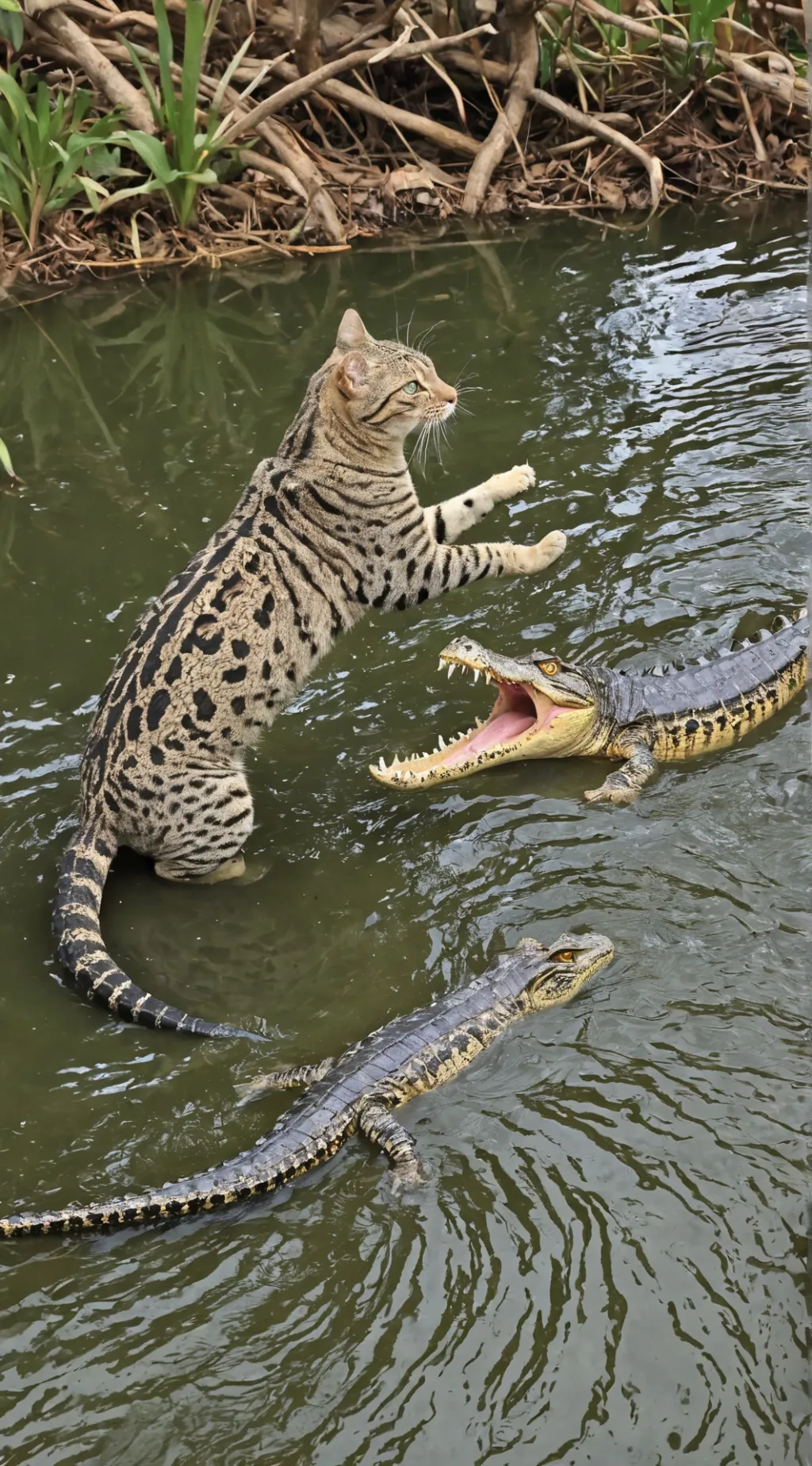 ai character: Cat vs crocodiles background