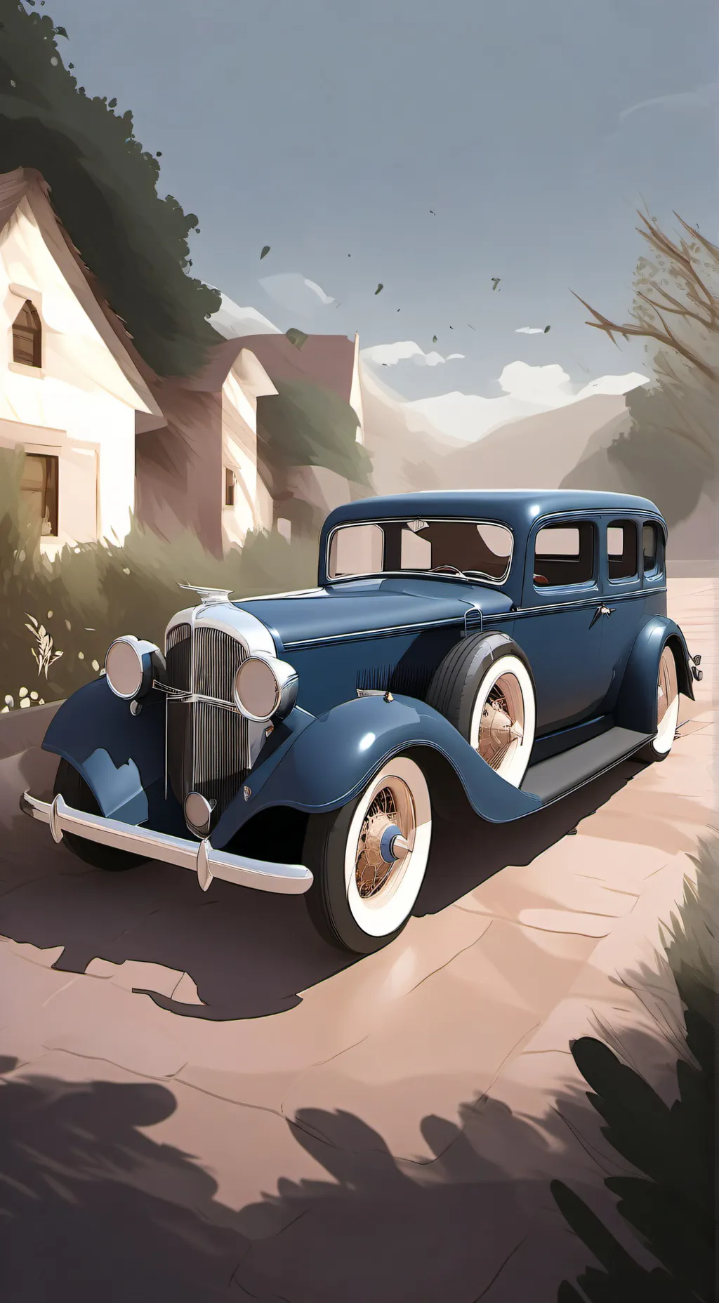 ai character: 1930s Plymouth car background