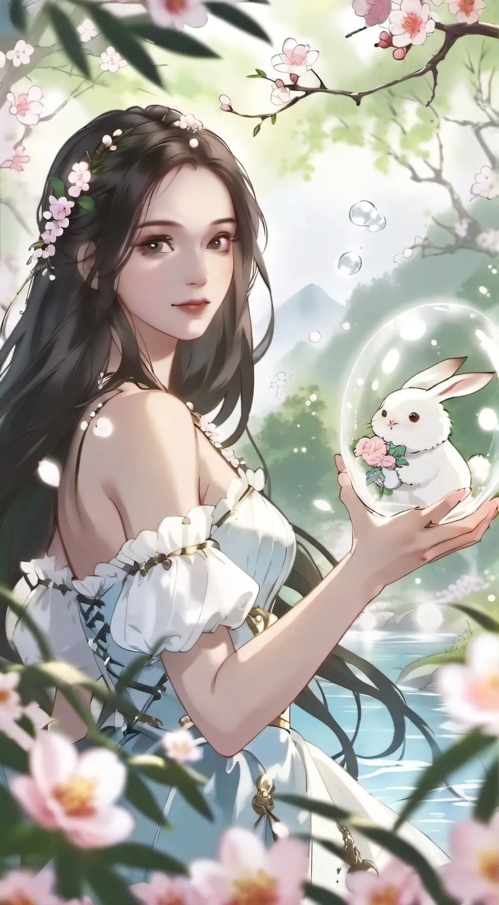 ai character: bubble bunny girl  background