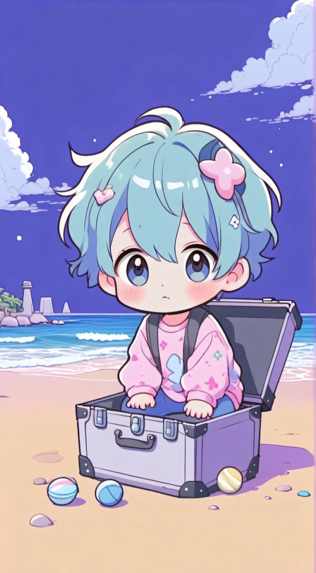 ai character: bebé la playa background