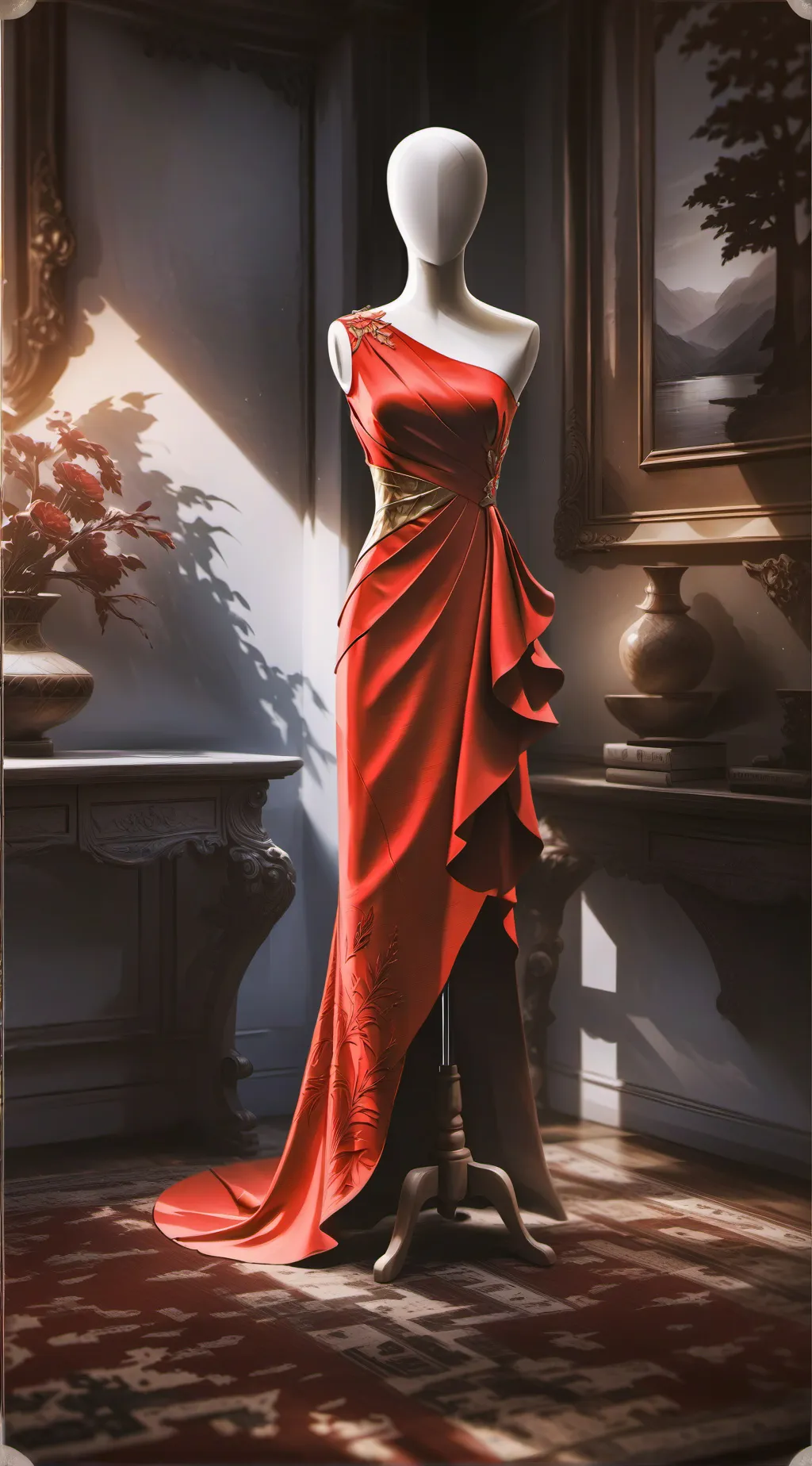 ai character: red dress  background