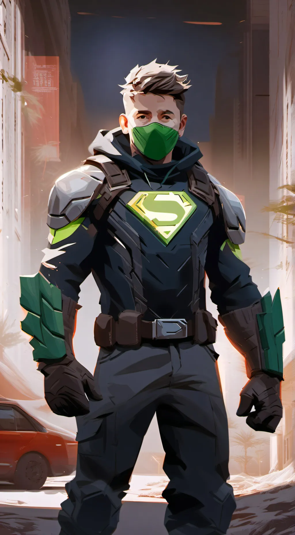 ai character: Green arm strong background