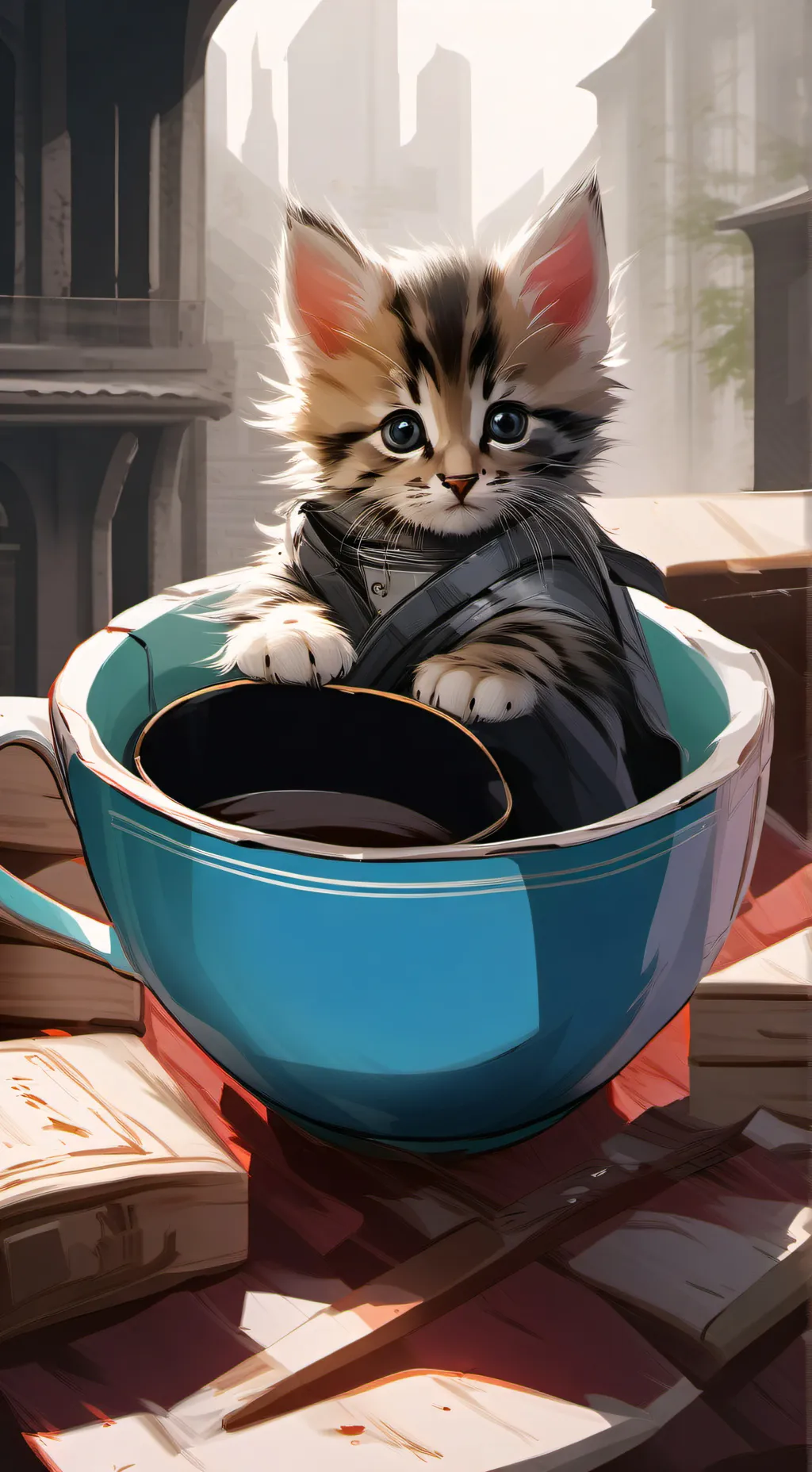ai character: kitten in cup background