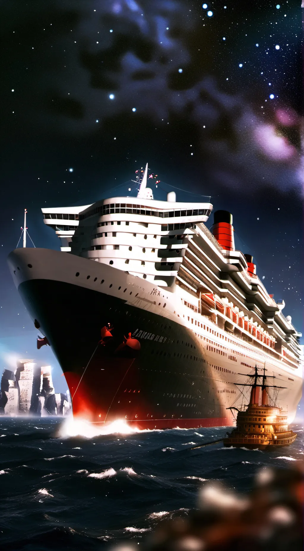 ai character: queen Mary 2 ship  background