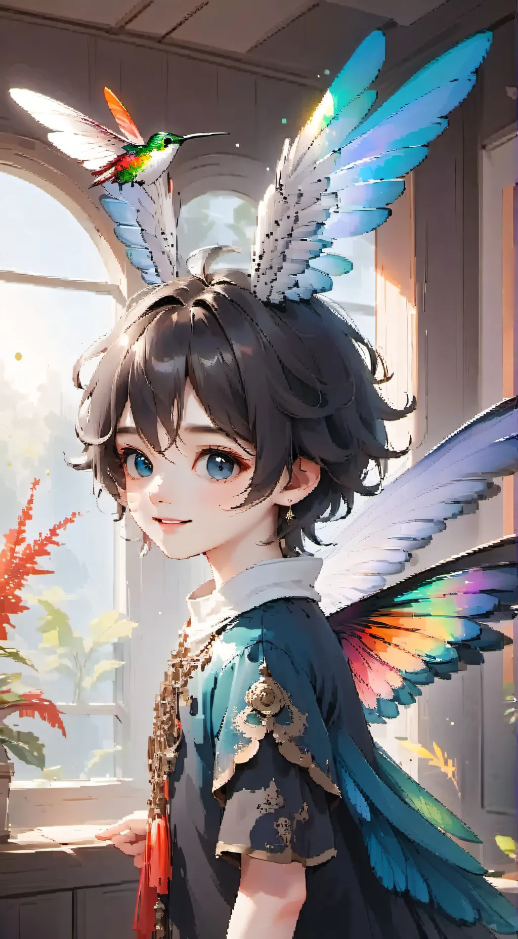 ai character: Rainbow Hummingbird Spirit background