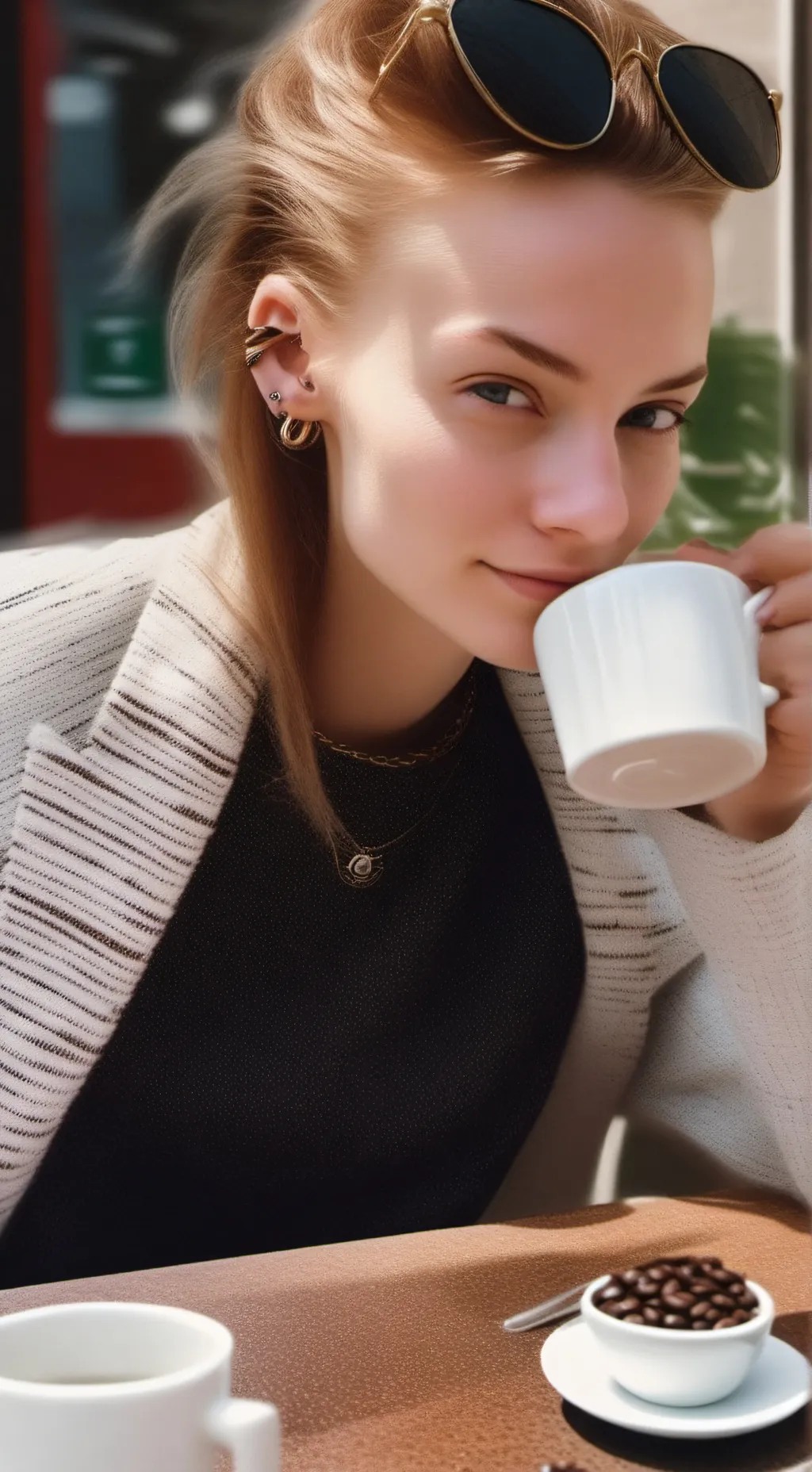 ai character: karen in the café background