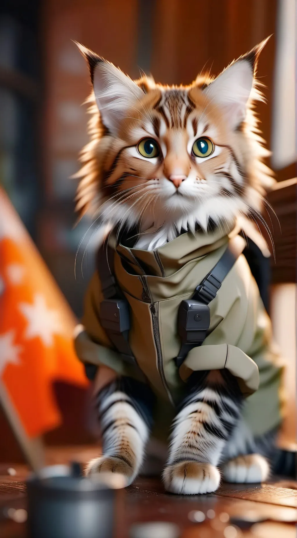 ai character: cat in the army background