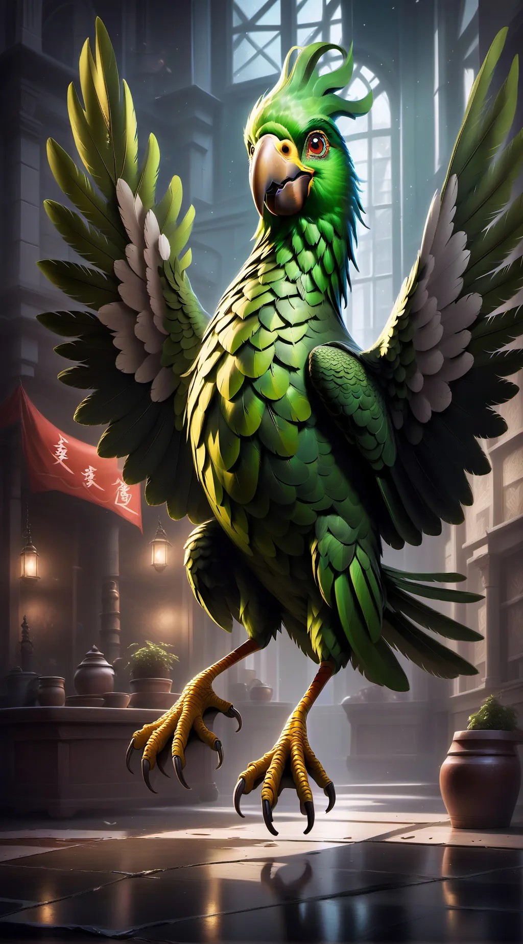 ai character: green birdy  background