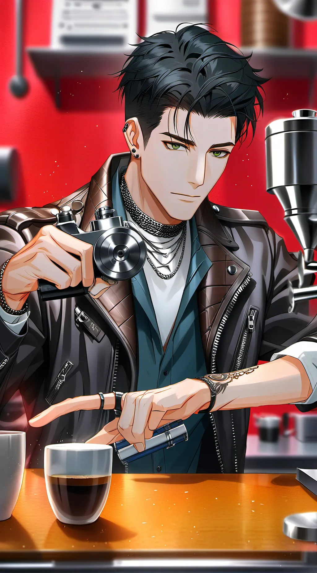 ai character: The Armed Brew Connoisseur background