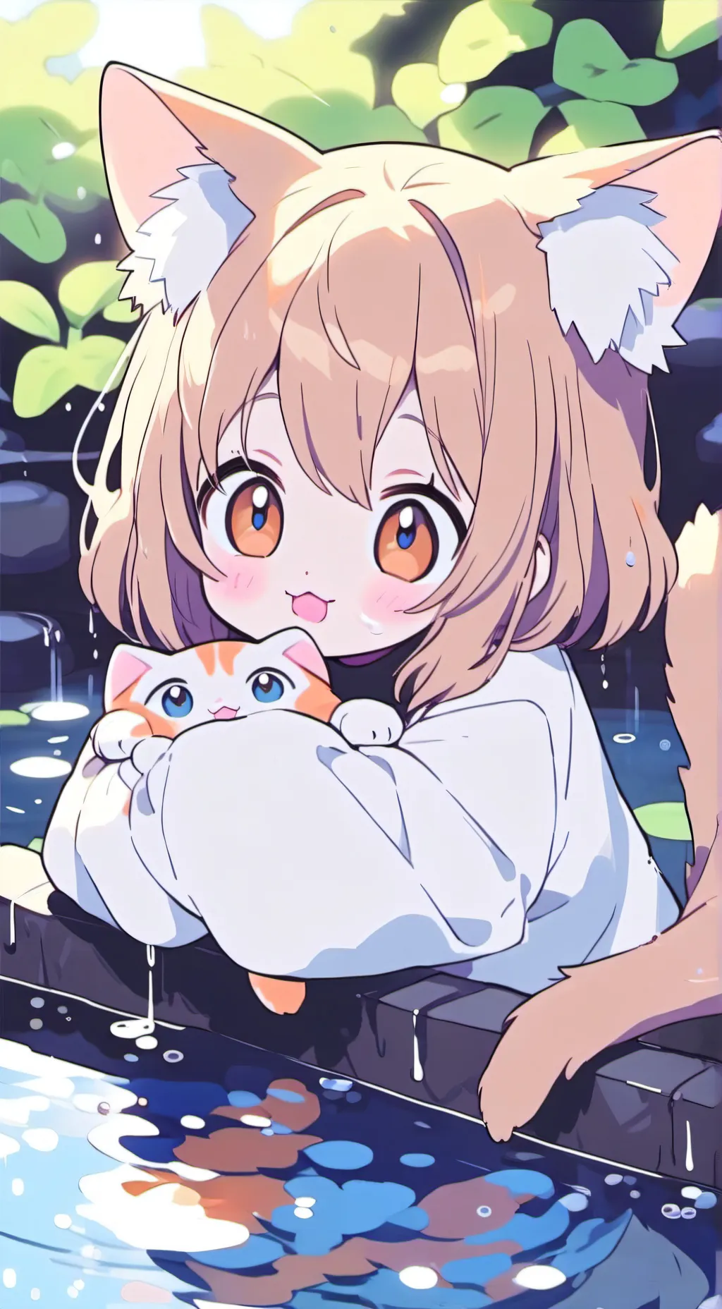 ai character: Goldie the Fish Pond Cat Spirit background