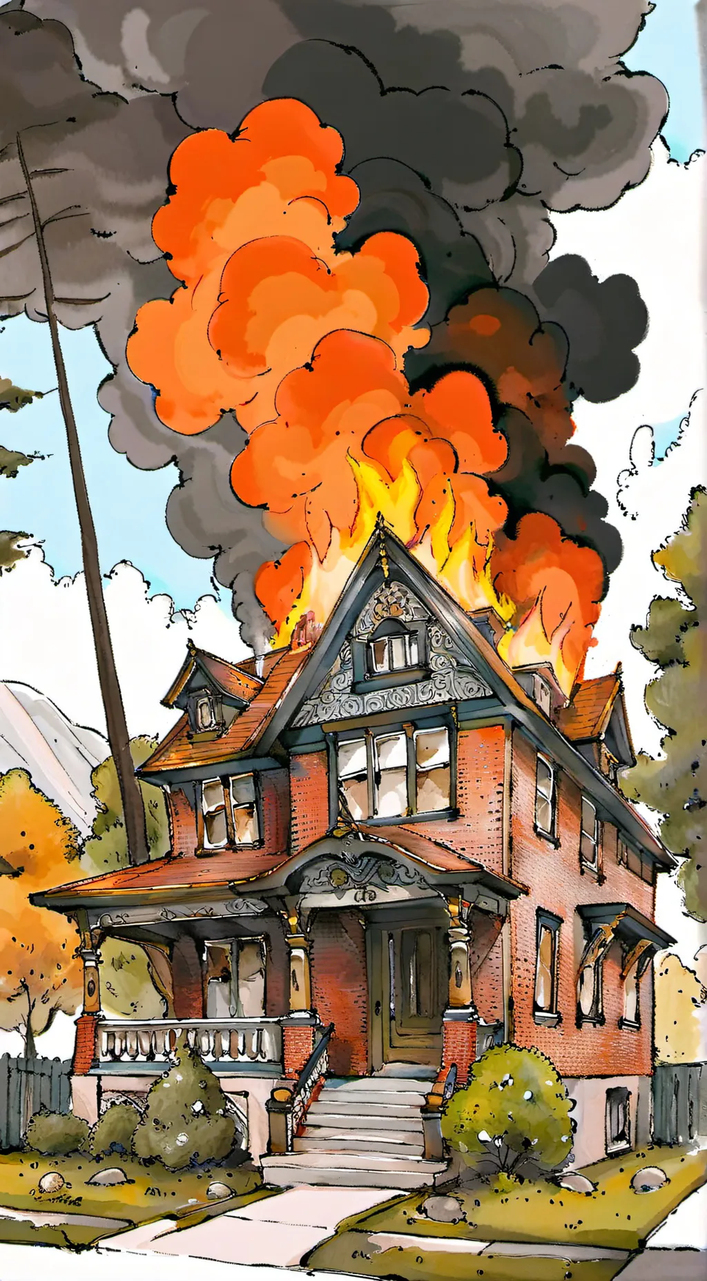 ai character: House fire background