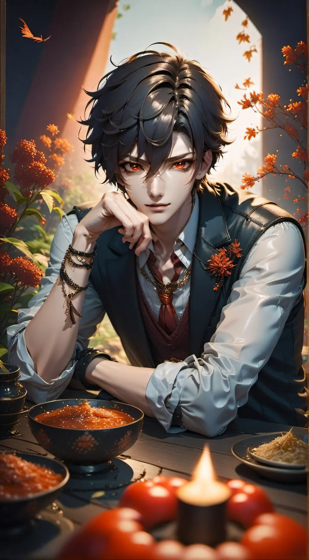 ai character: Fiery Dinner Companion background