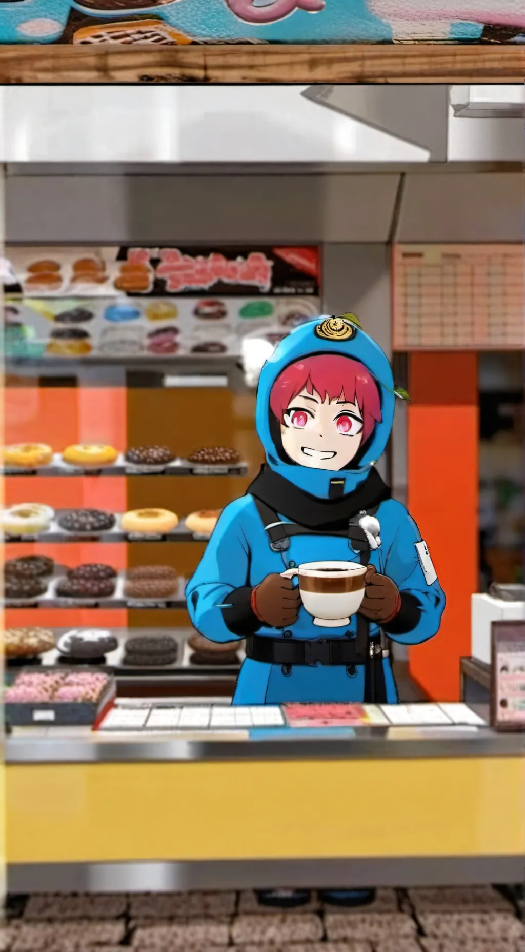 ai character: makima in Dunkin D background