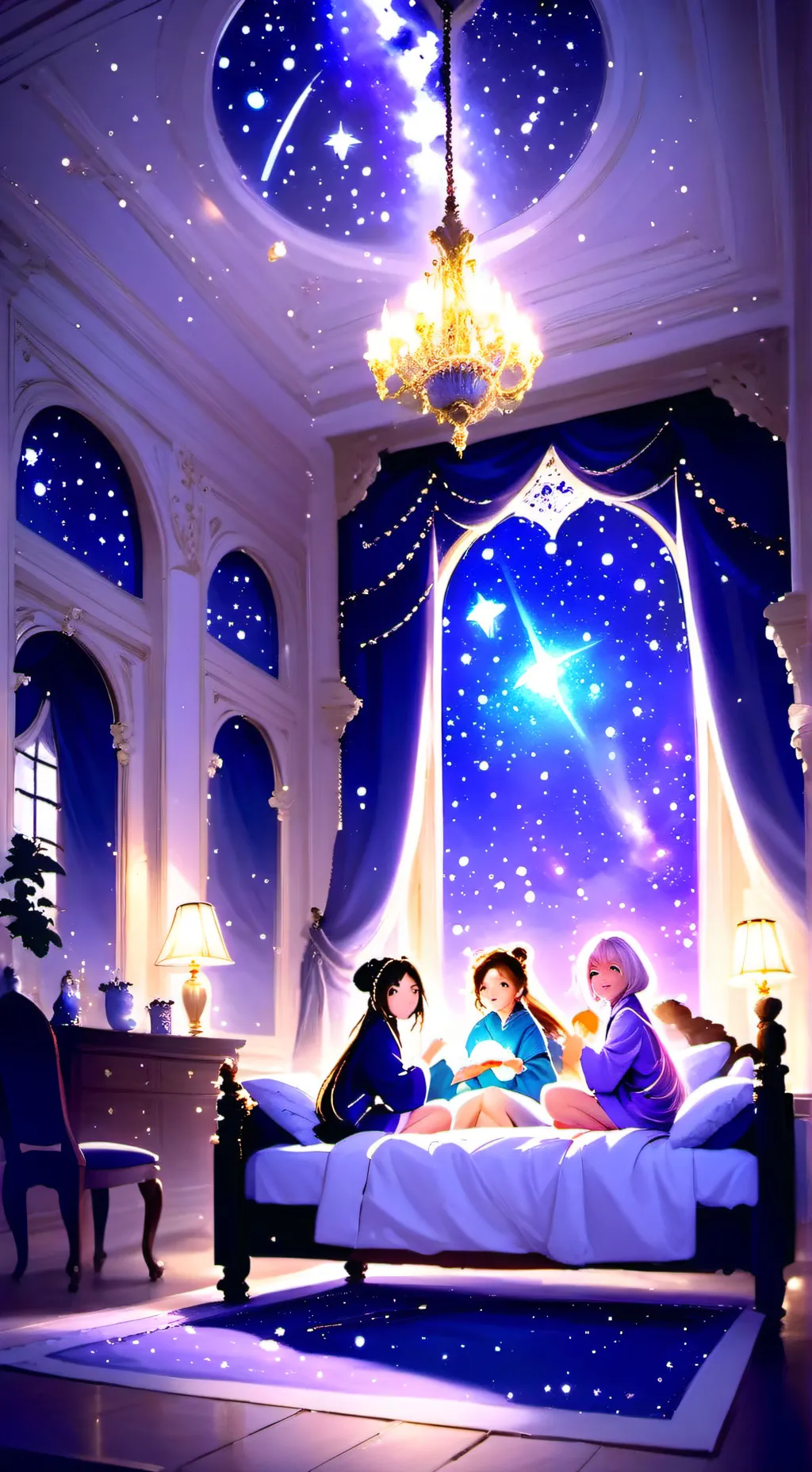 ai character:  4 girls sleepover background