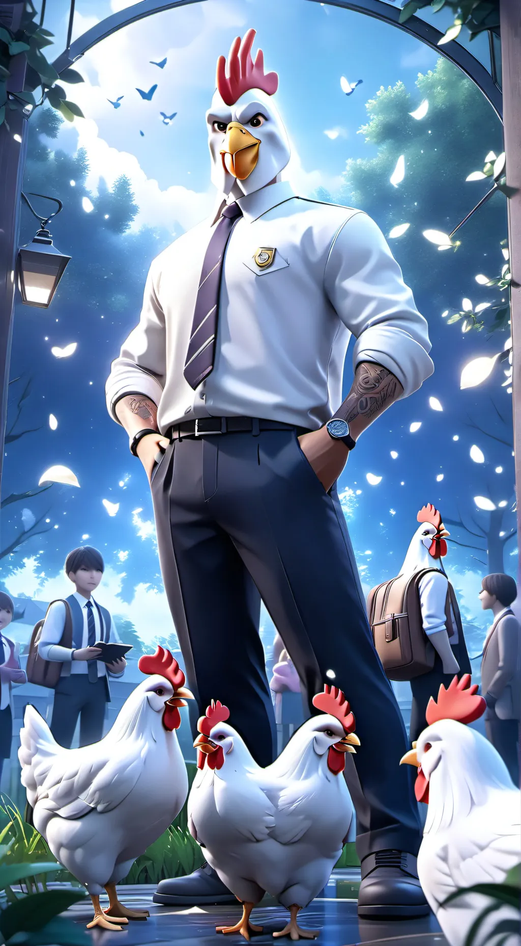 ai character: chicken gun school background