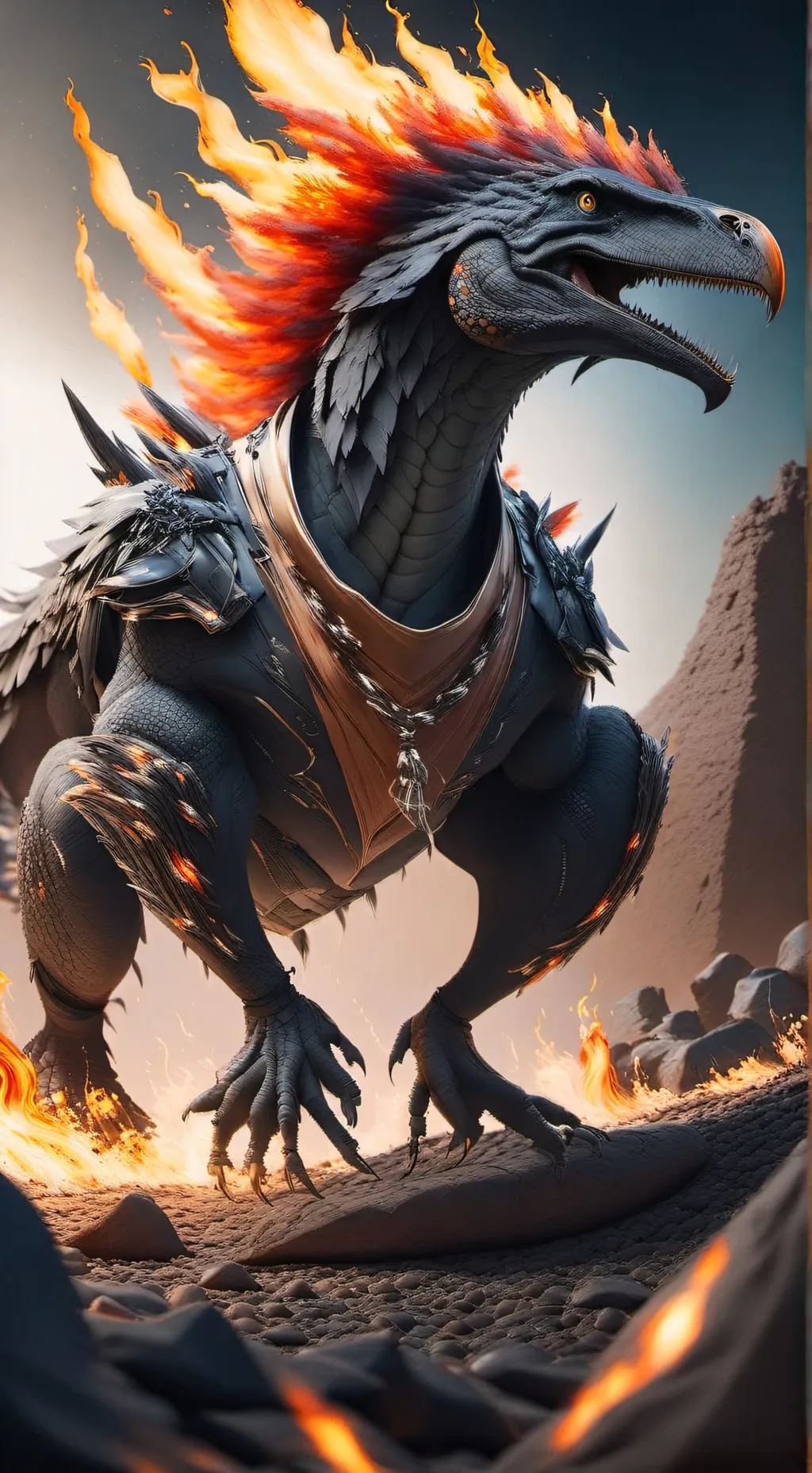 ai character: fire veloraptor background