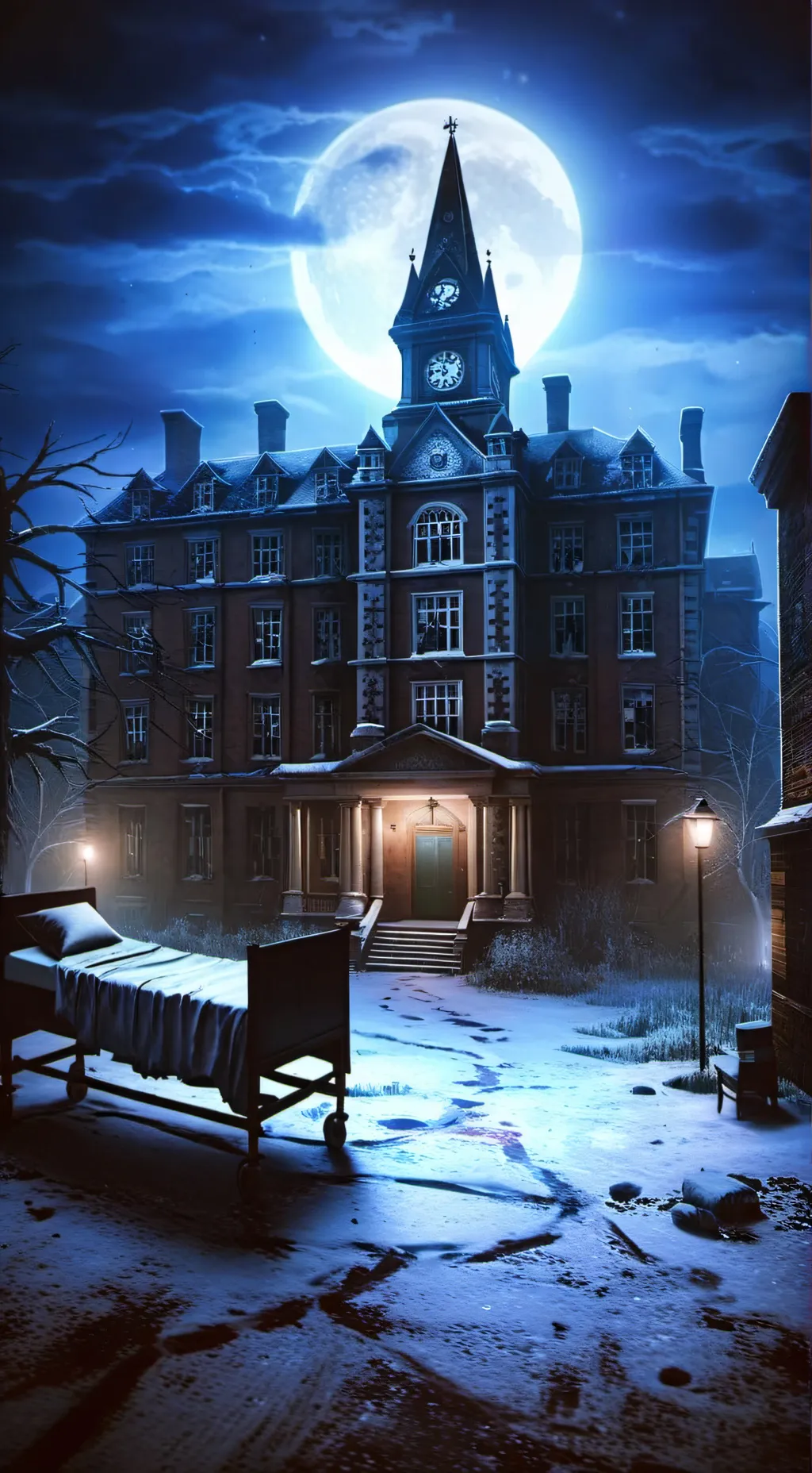 ai character: Haunted asylum ￼ background