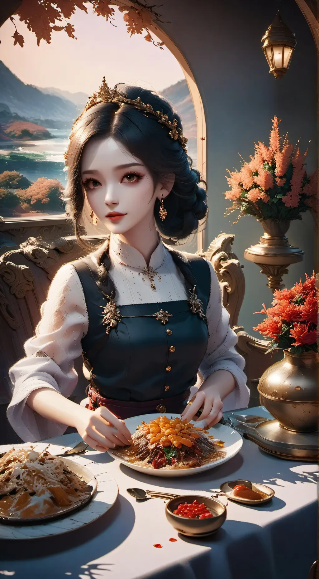 ai character: work at  fast food background