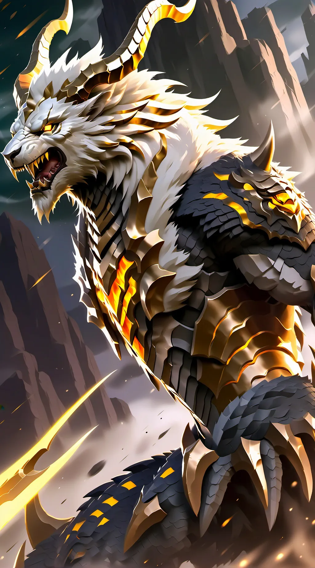 ai character: Thanatos the ceratodraco saevidicovenator background