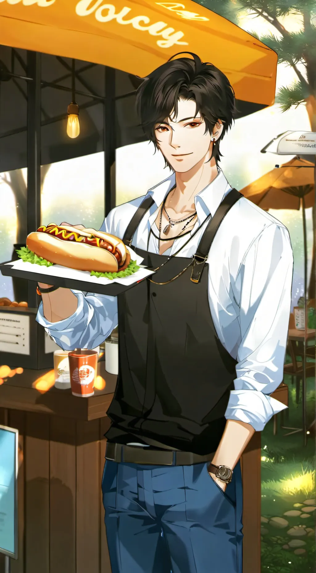 ai character: hotdog stand Steve background