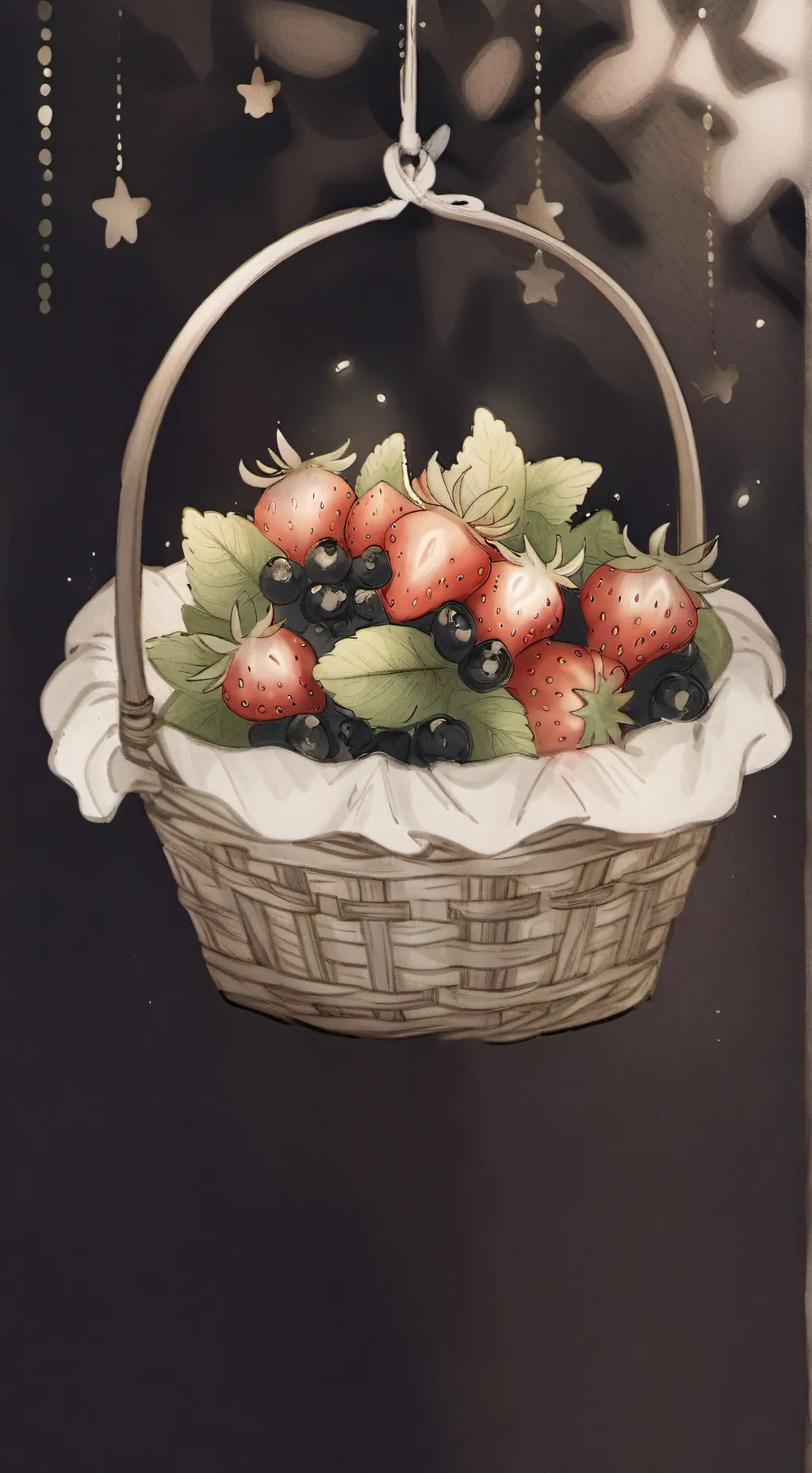 ai character: basket  statwberry background